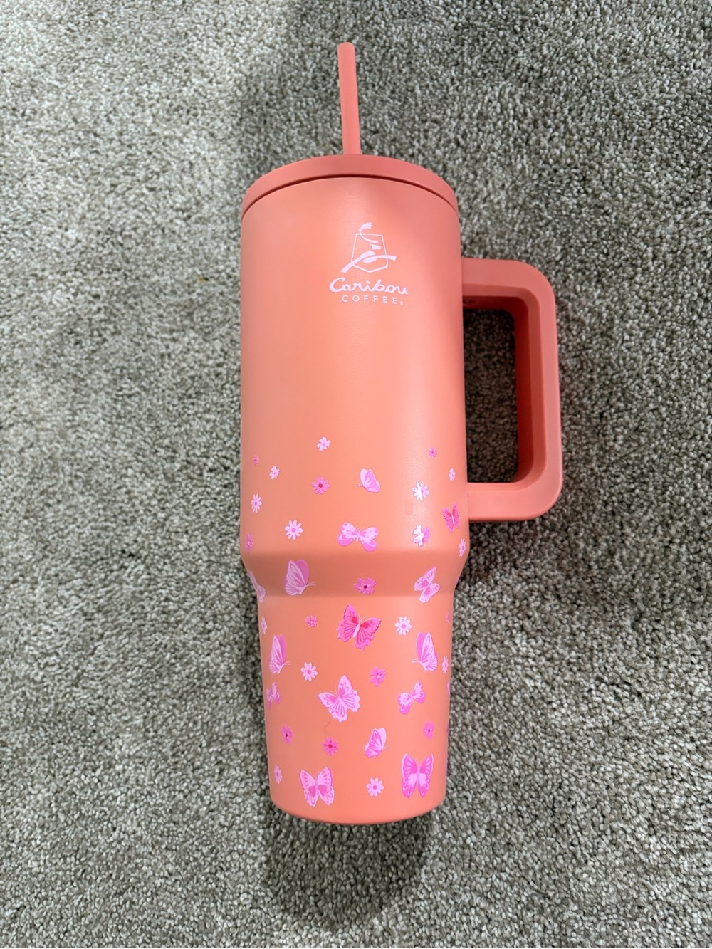 Caribou Coffee Coral Butterfly Travel Mug with Handle